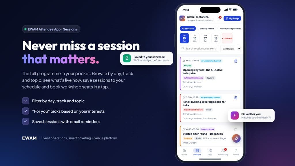 EWAM attendee app sessions screen with day, track and topic filters, live-now sessions, For you picks and saved sessions with reminders