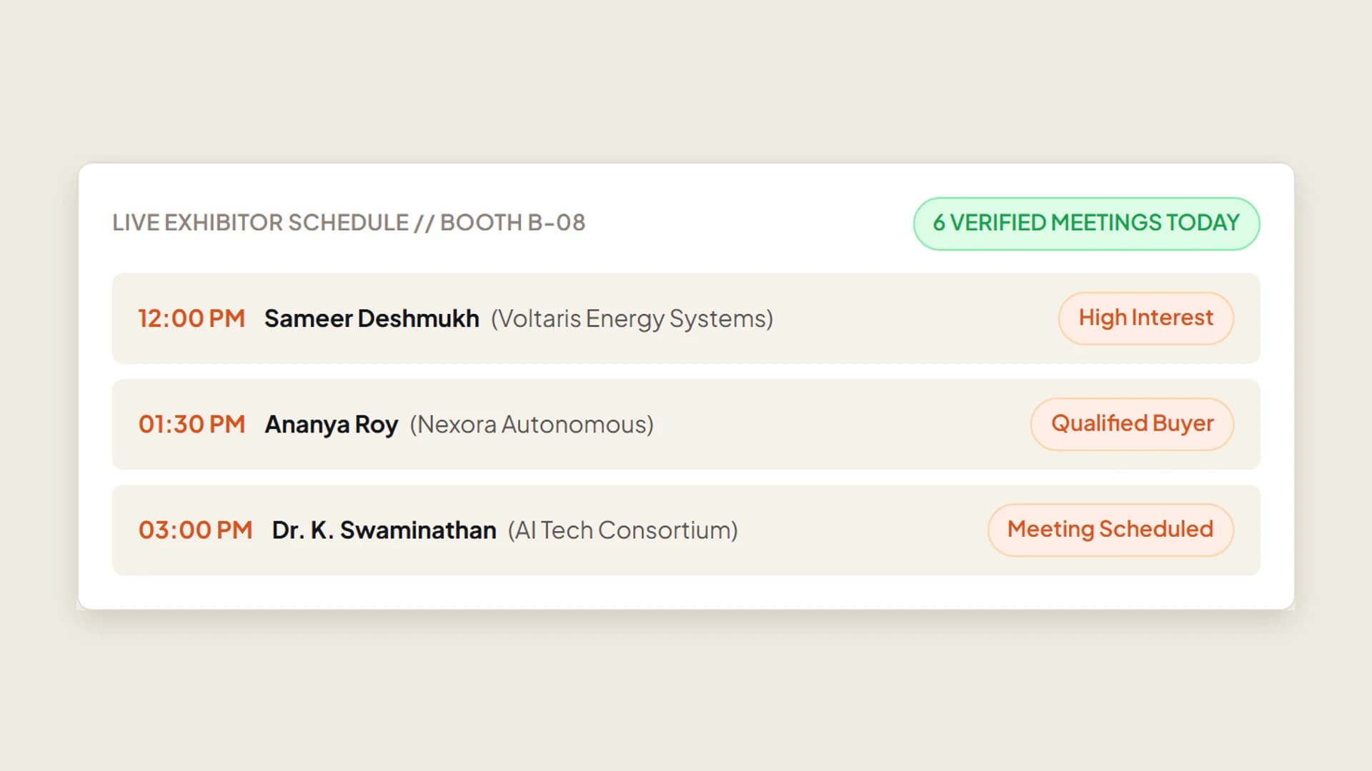 EWAM live exhibitor schedule with verified meetings and lead status for a booth