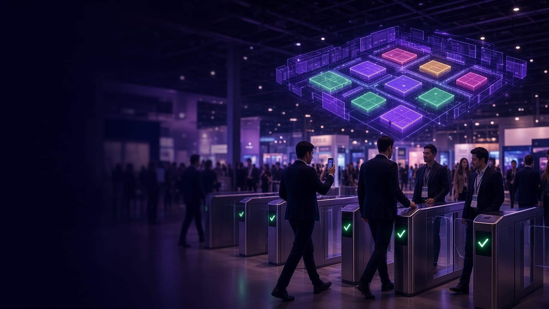 Attendees with QR badges passing through speed-gate turnstiles at an expo entrance under a holographic exhibition floor plan