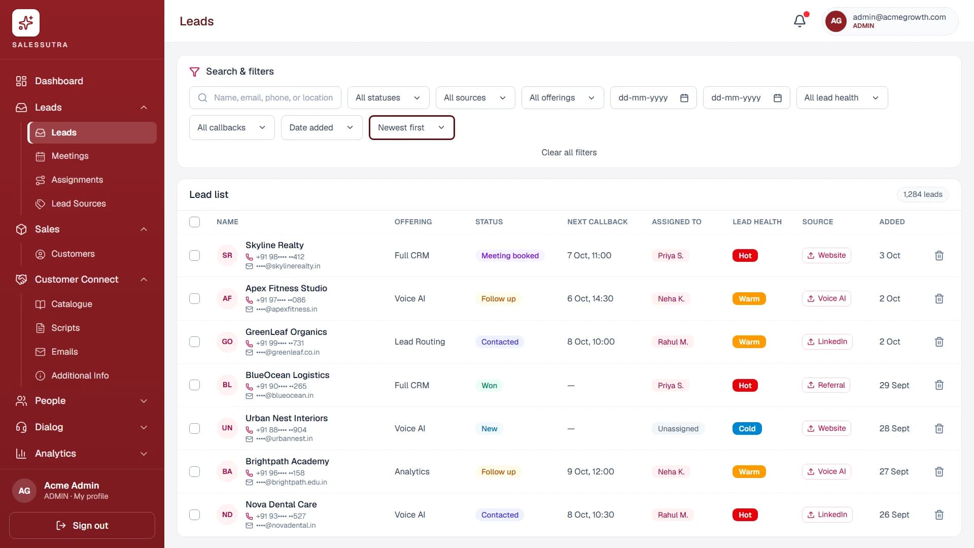 SalesSutra lead list with status, assigned rep, lead health and source for each lead