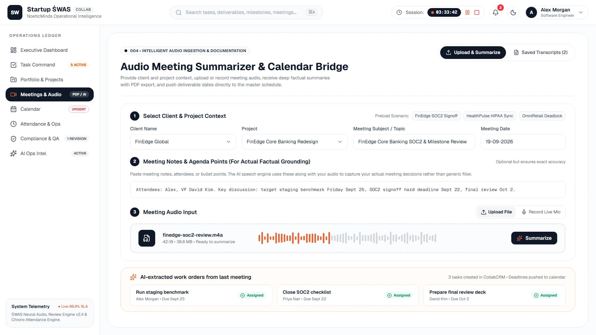 Startup ŚWAS audio meeting summarizer extracting deliverables and assigning work orders with deadlines